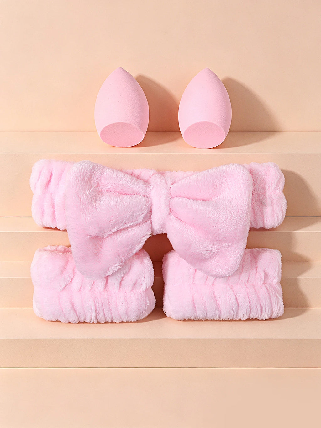 5-Piece Beauty Kit – Bow Headband, Wrist Bands & Sponges Makeup Tool Set Nixie Pink