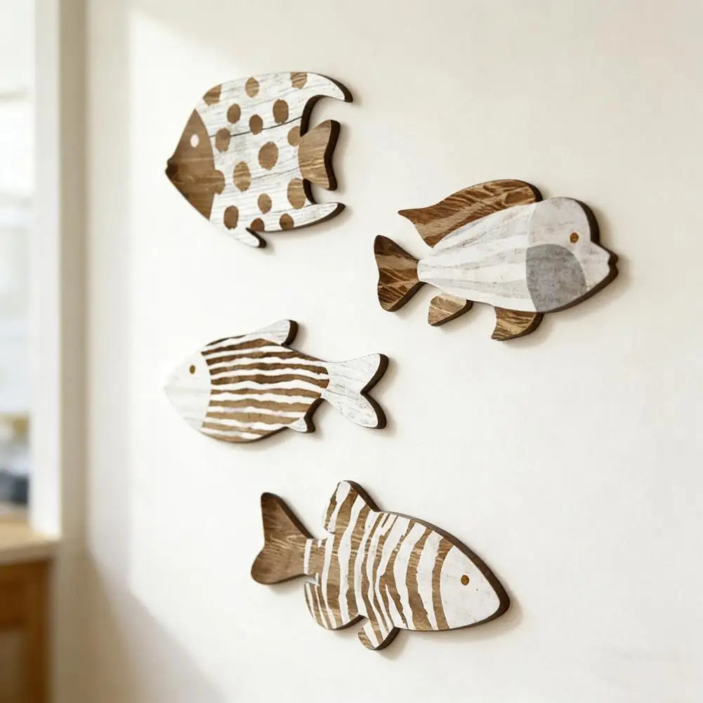 4Pcs Nautical Wooden Fish Wall Art | Coastal Beach Decor Set