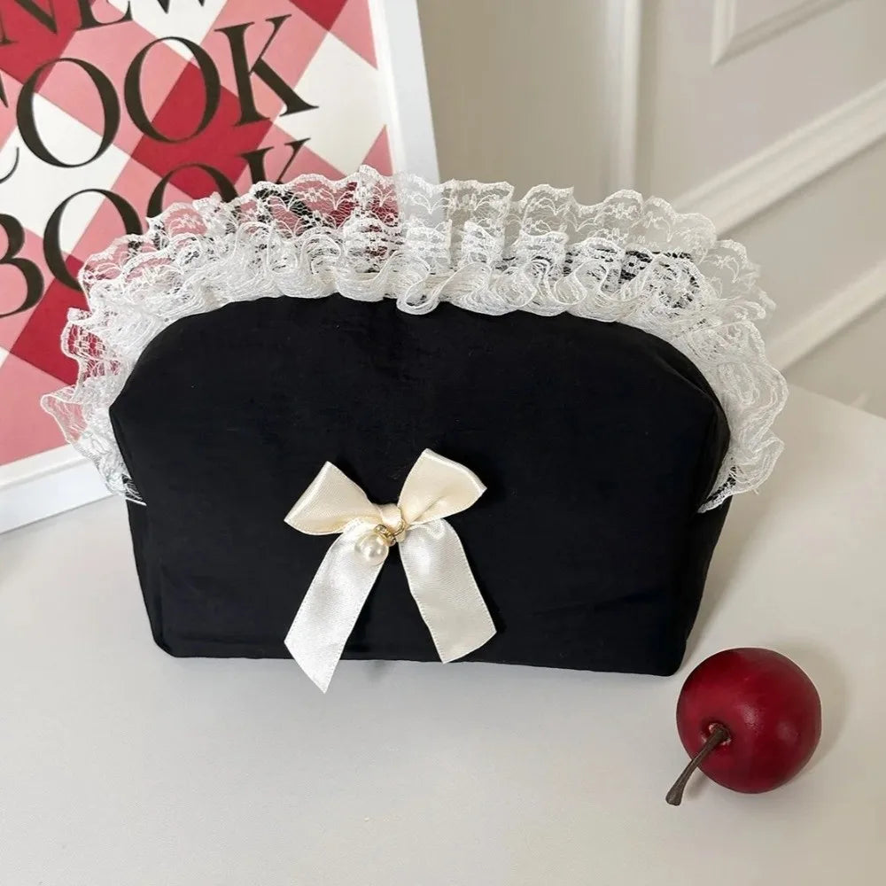 Lace Trim Makeup Bag Large Capacity Butterfly Knot Cosmetic Case Makeup Bag Nixie