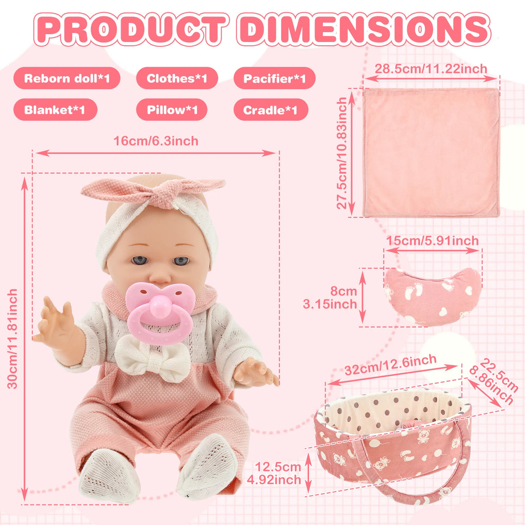 12-Inch Reborn Baby Doll Set with Bassinet, Blanket & Accessories Reborn Baby Doll Set Nixie Style 5