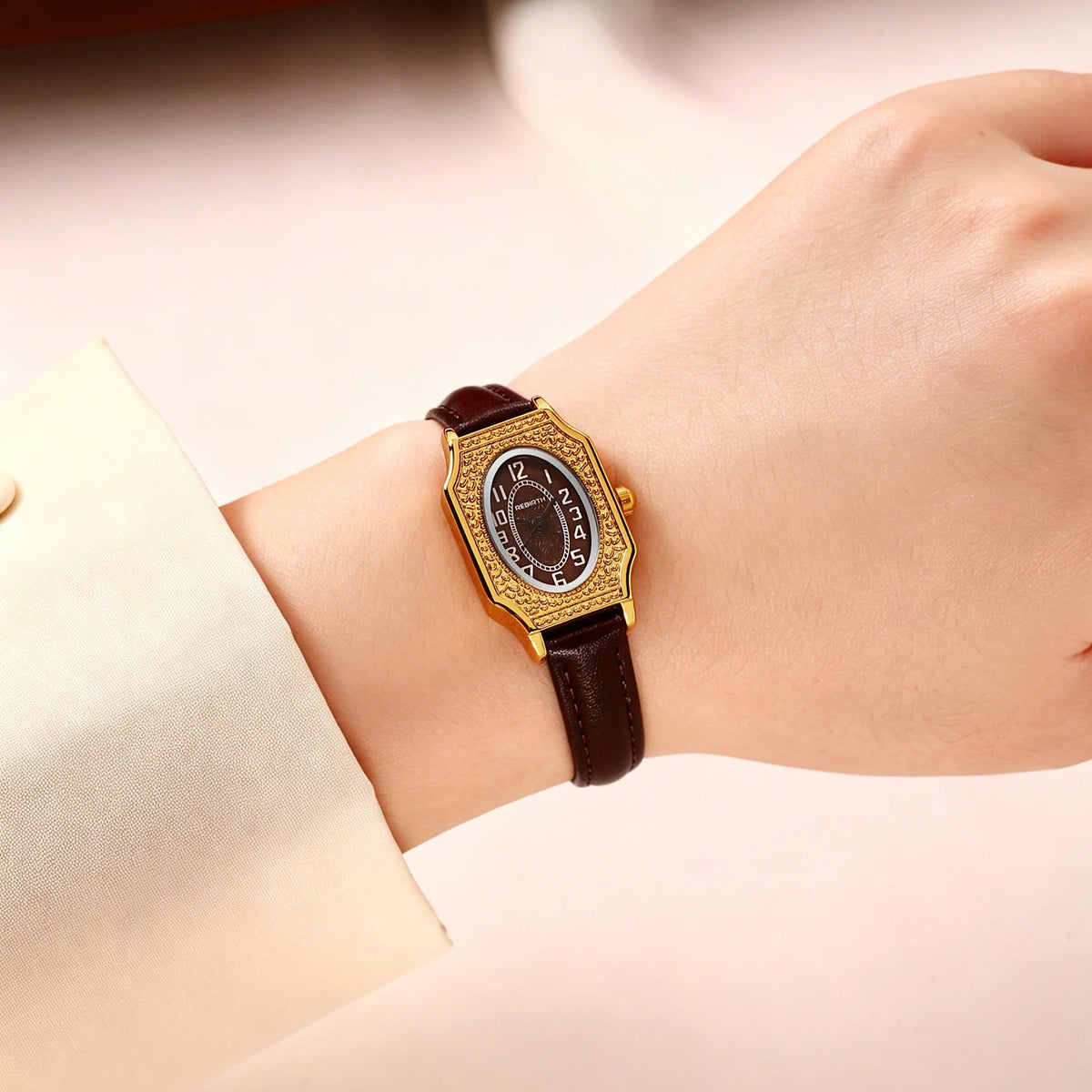 REBIRTH Women's Retro Quartz Watch – Oval Dial & Leather Strap Women's Quartz Watch Nixie