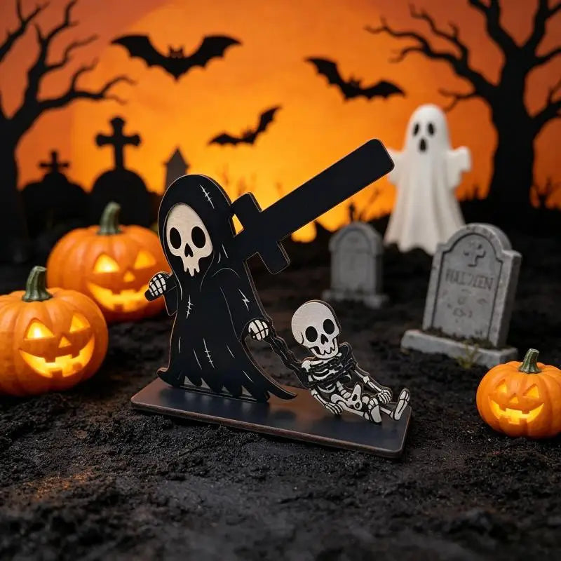 Wooden Grim Reaper Skeleton Ornament – Halloween Tabletop Décor Halloween Ornament Nixie