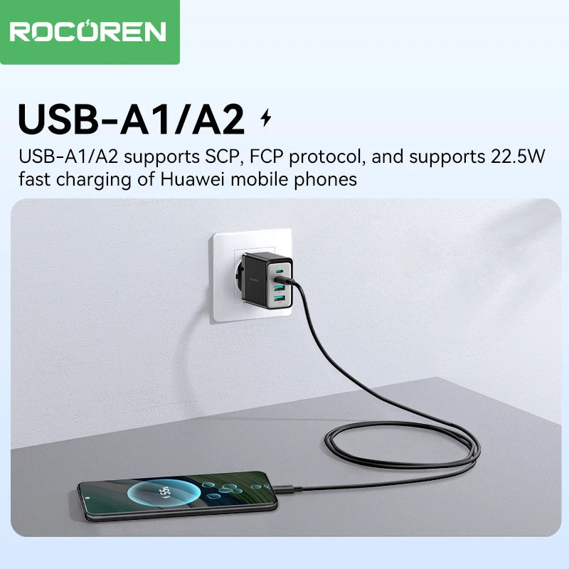 Rocoren 45W GaN 4-Port USB-C PD Fast Charger for iPhone & Samsung GaN Wall Charger Nixie