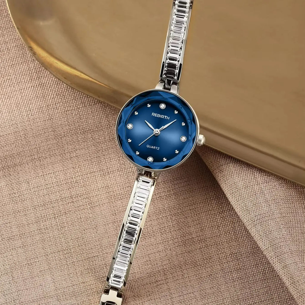 REBIRTH Women's Blue Dial Diamond Quartz Watch | Steel Band Women's Quartz Watch Nixie