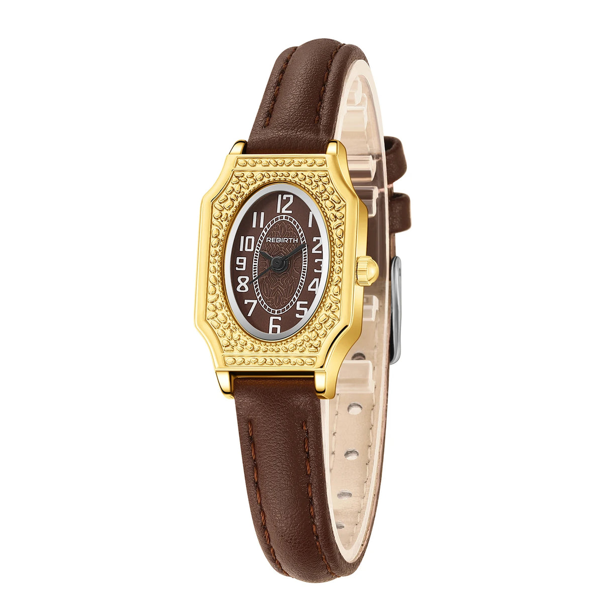 REBIRTH Women's Retro Quartz Watch – Oval Dial & Leather Strap Women's Quartz Watch Nixie Brown
