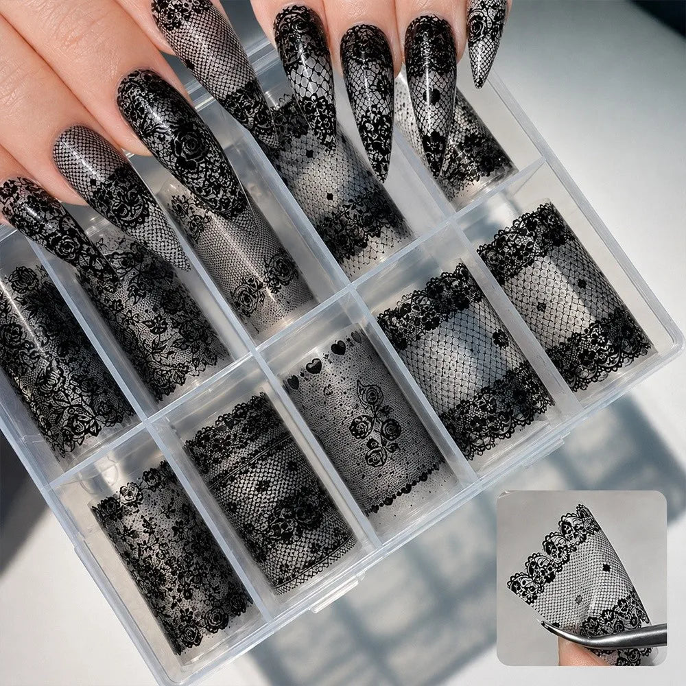 Lace Tulip Nail Foil Art Stickers – Black & White Sequin Decals Nail Art Foil Stickers Nixie