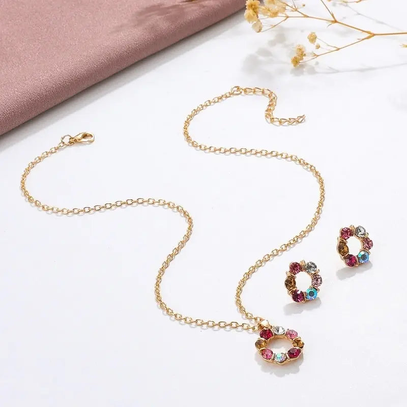 3pc Gold Necklace & Earrings Set – Circle Glass Diamond Jewelry Jewelry Set Nixie