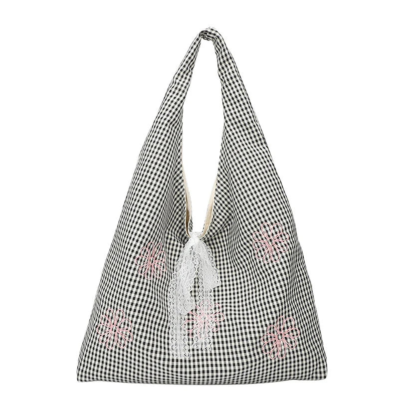 Women's Plaid Shoulder Bag with Embroidered Flowers | Large Shoulder Bag Nixie