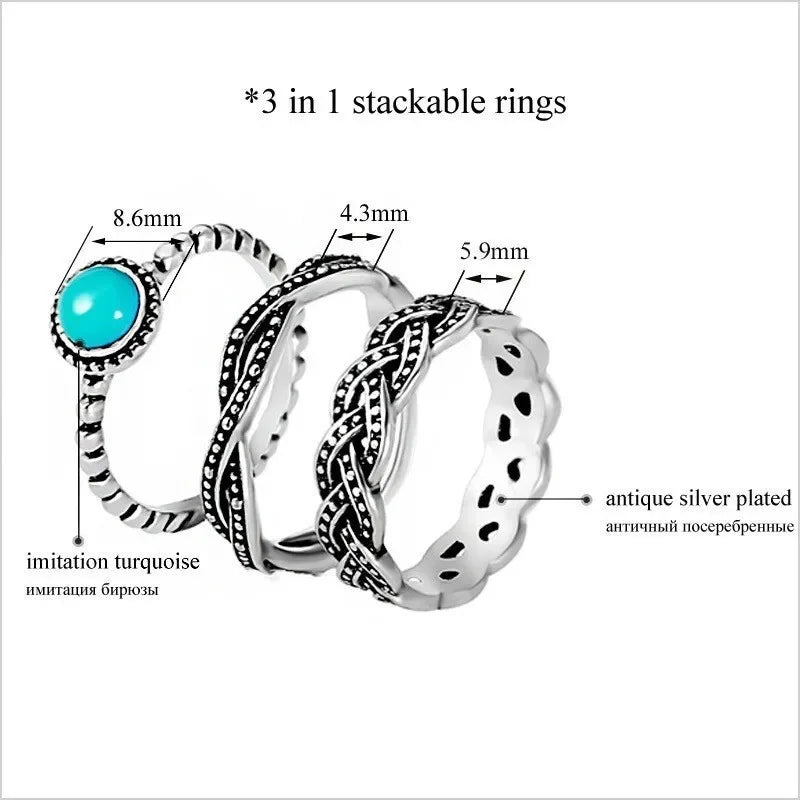 3-in-1 Retro Turquoise Zircon Silver Ring Set | Sizes 6–11 Fashion Ring Set Nixie