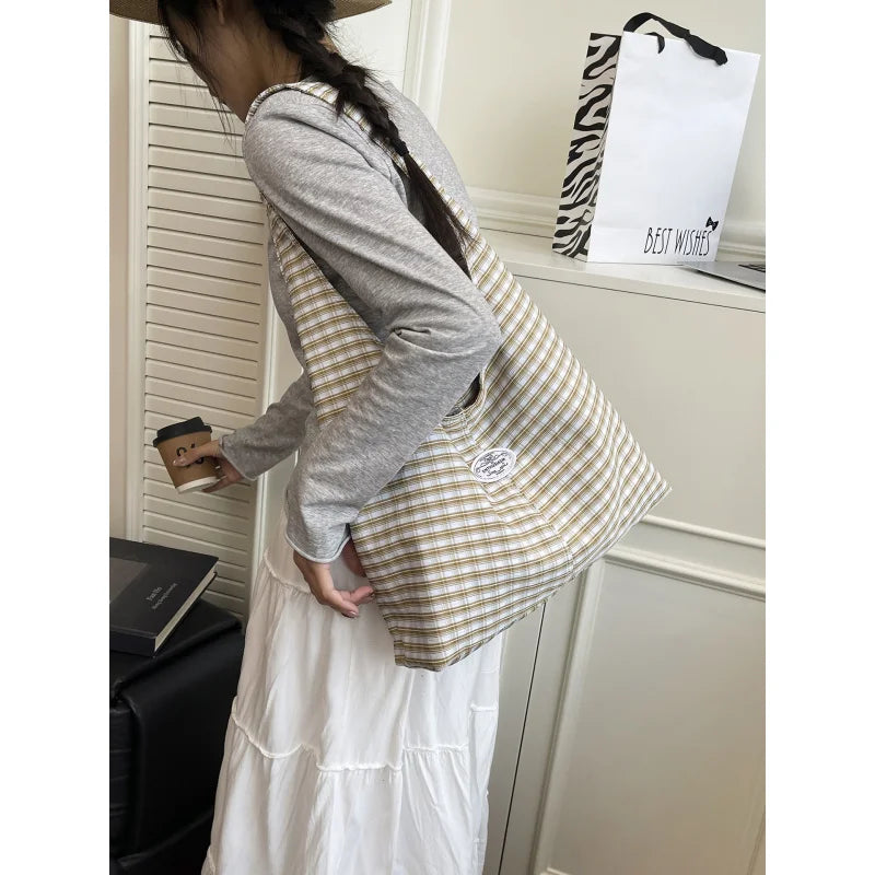 Korean Plaid Canvas Shoulder Bag – Women's Casual Hobo Tote Canvas Shoulder Bag Nixie