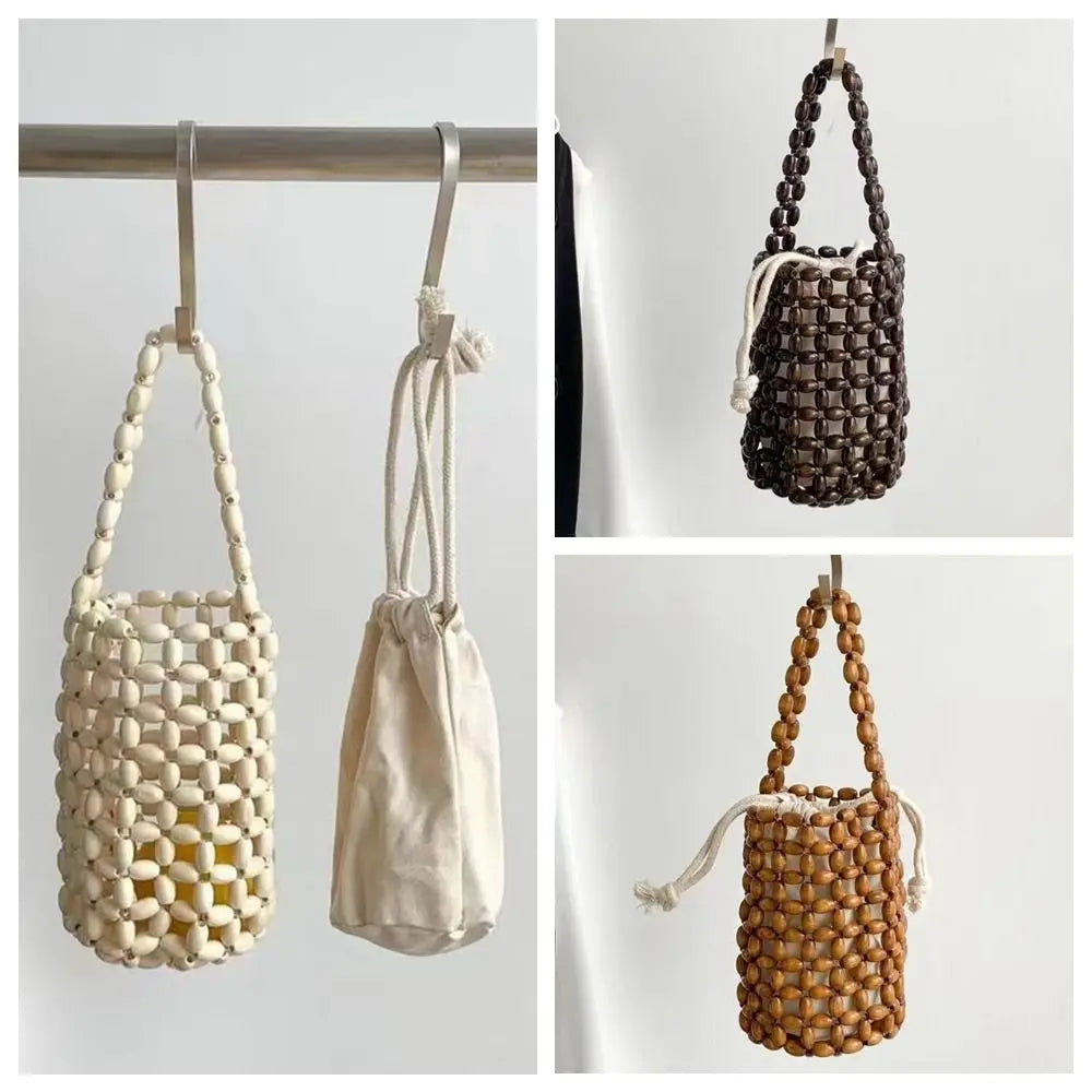 Handmade Wooden Bead Bucket Bag – Hollow Woven Mini Wrist Bag Woven Bucket Bag Nixie