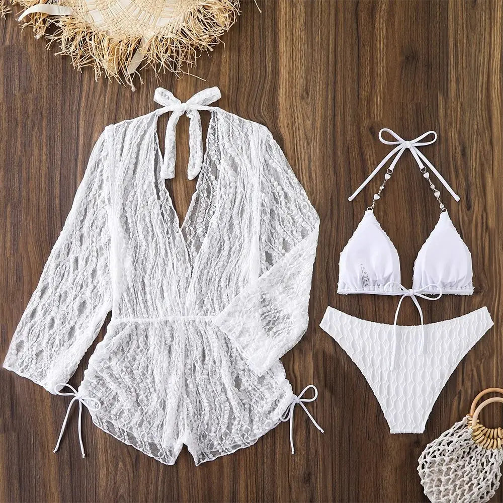 3-Piece Women's Mesh Cover-Up Bikini Set | Long Sleeve Swimwear