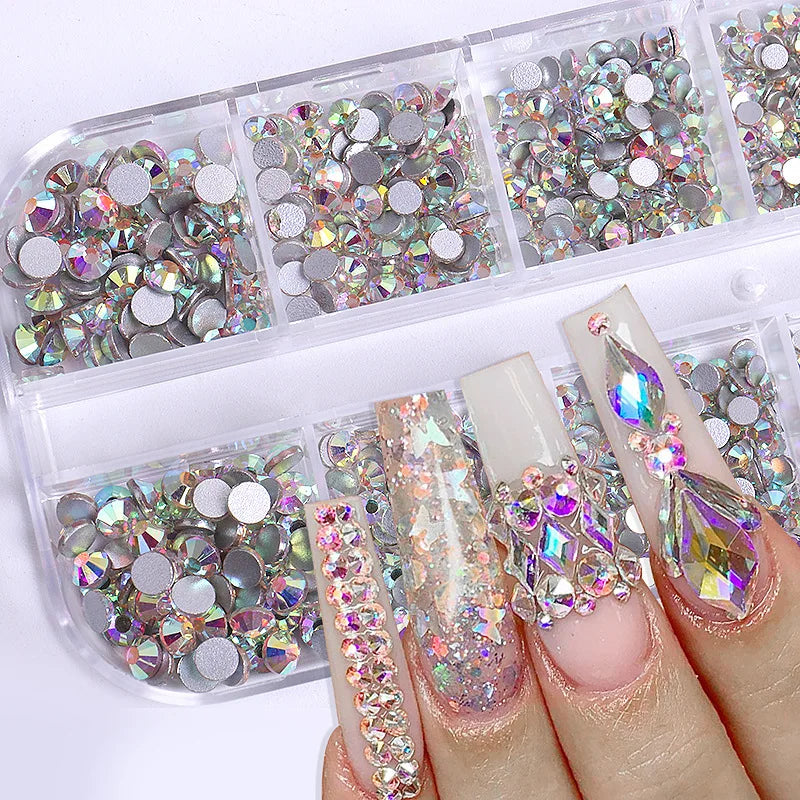 Champagne Crystal Nail Rhinestones 12-Grid SS4-SS16 Flatback Gems Set Nail Art Rhinestones Nixie