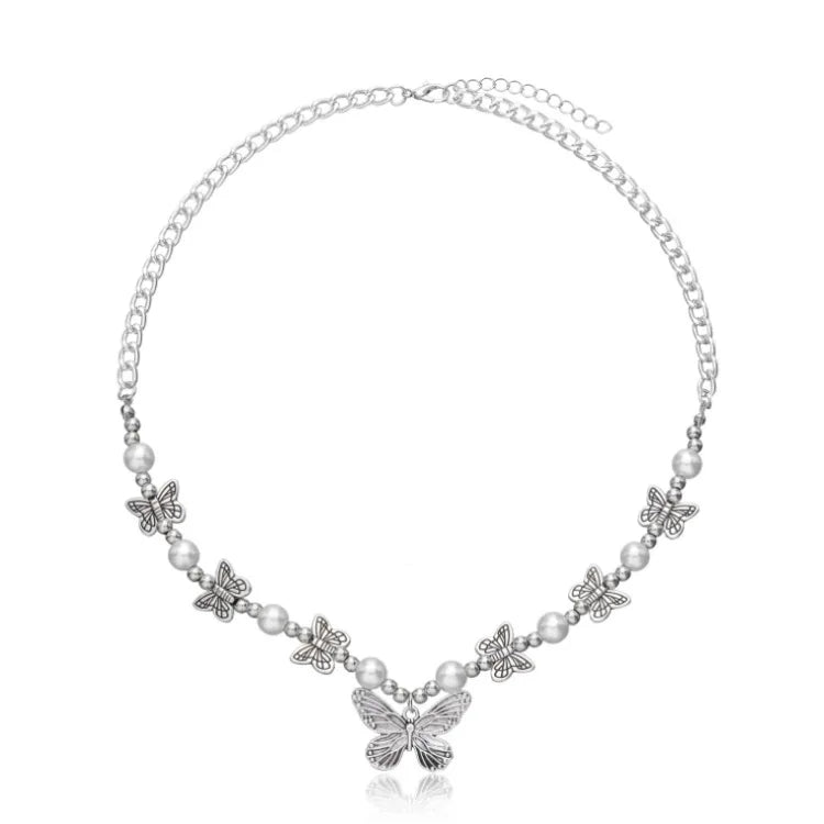 2PC Antique Silver Butterfly Faux Pearl Choker Necklace Set Choker Necklace Set Nixie The details of the 2 different options a