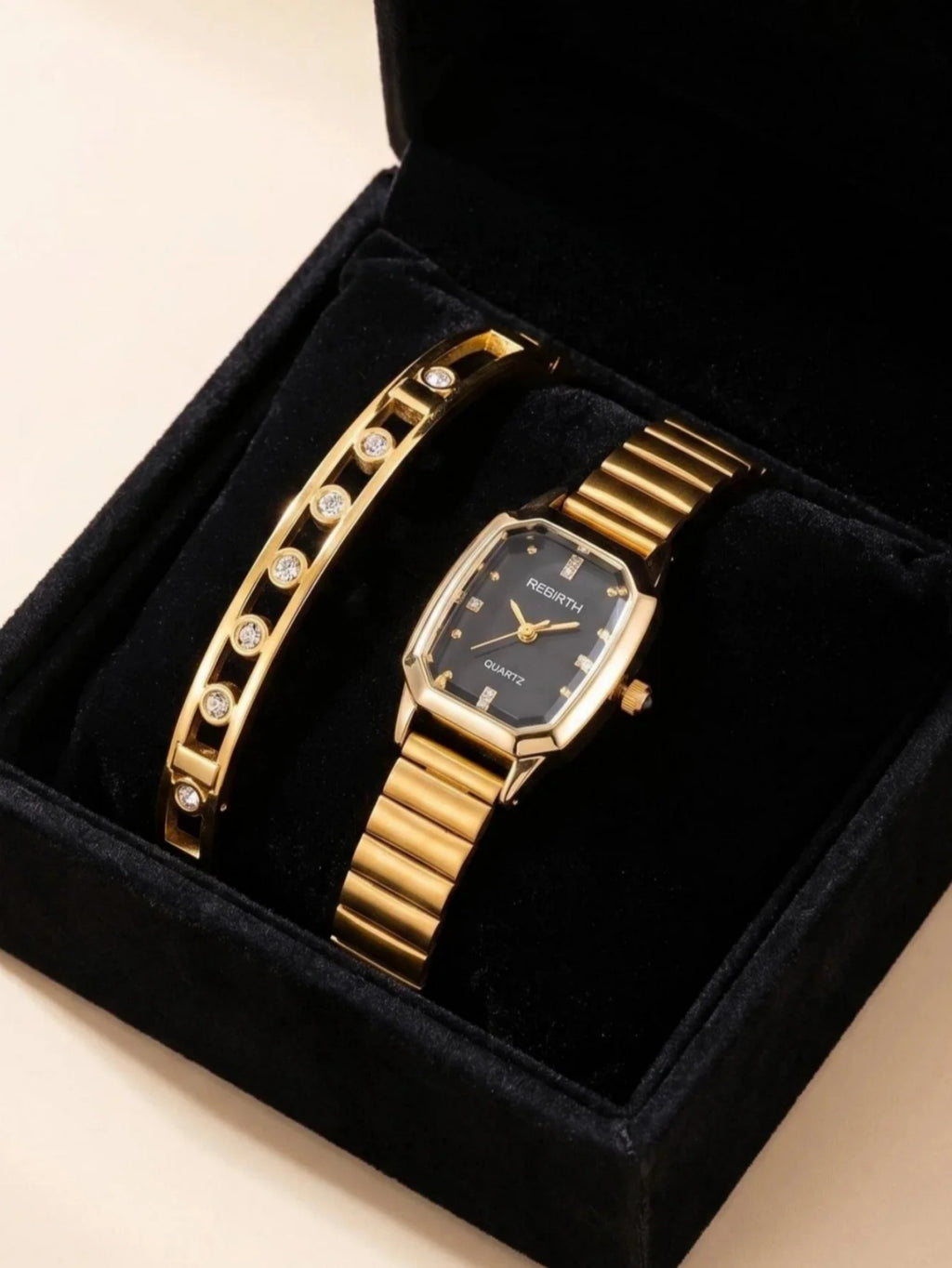 Women's Gold Watch & Bracelet Set – Quartz Roman Numeral Dial Watch & Bracelet Set Nixie black