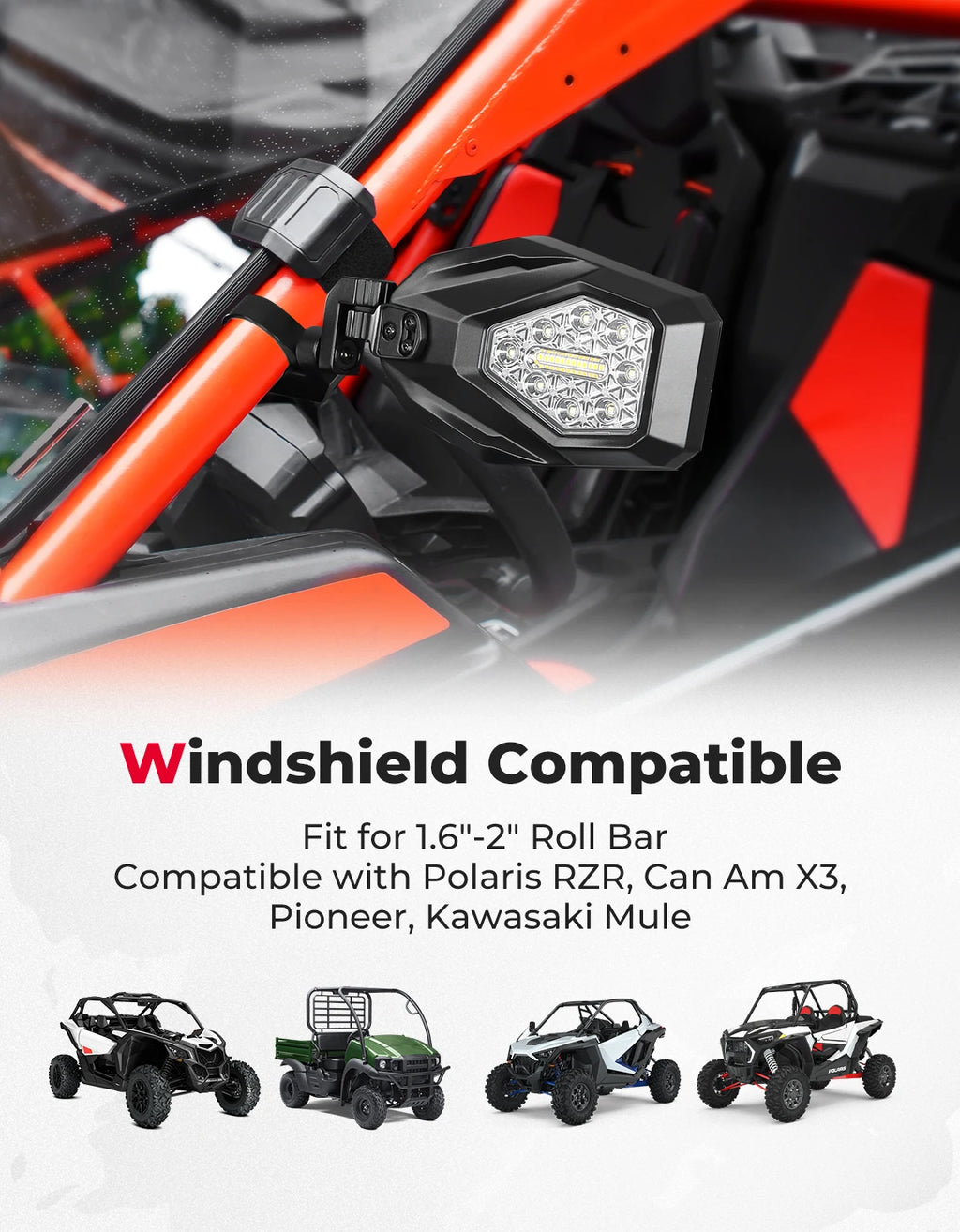 UTV Side Mirrors with LED Lights – Fits Polaris RZR & Can-Am UTV Side Mirror Nixie