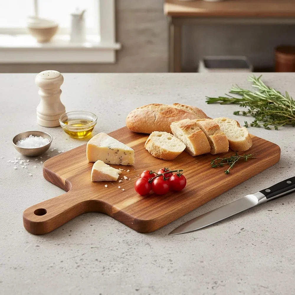 Acacia Wood Cutting & Serving Board with Handle | Charcuterie Wood Cutting Board Nixie
