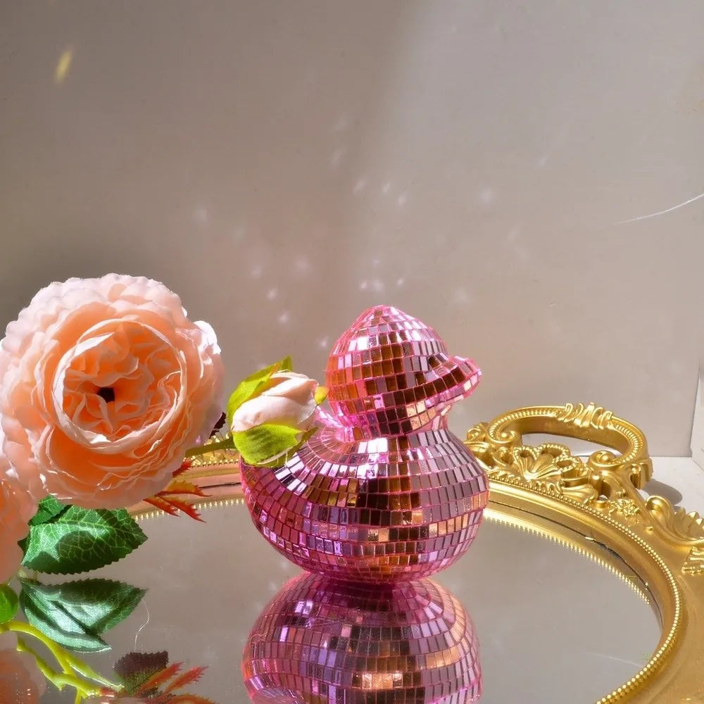 Disco Ball Mirror Duck Ornament – Silver, Gold & Pink Decor Novelty Desk Ornament Nixie