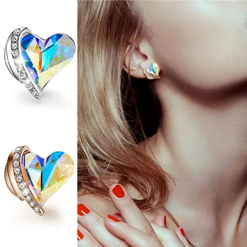 925 Silver & Rose Gold Crystal Heart Stud Earrings for Women