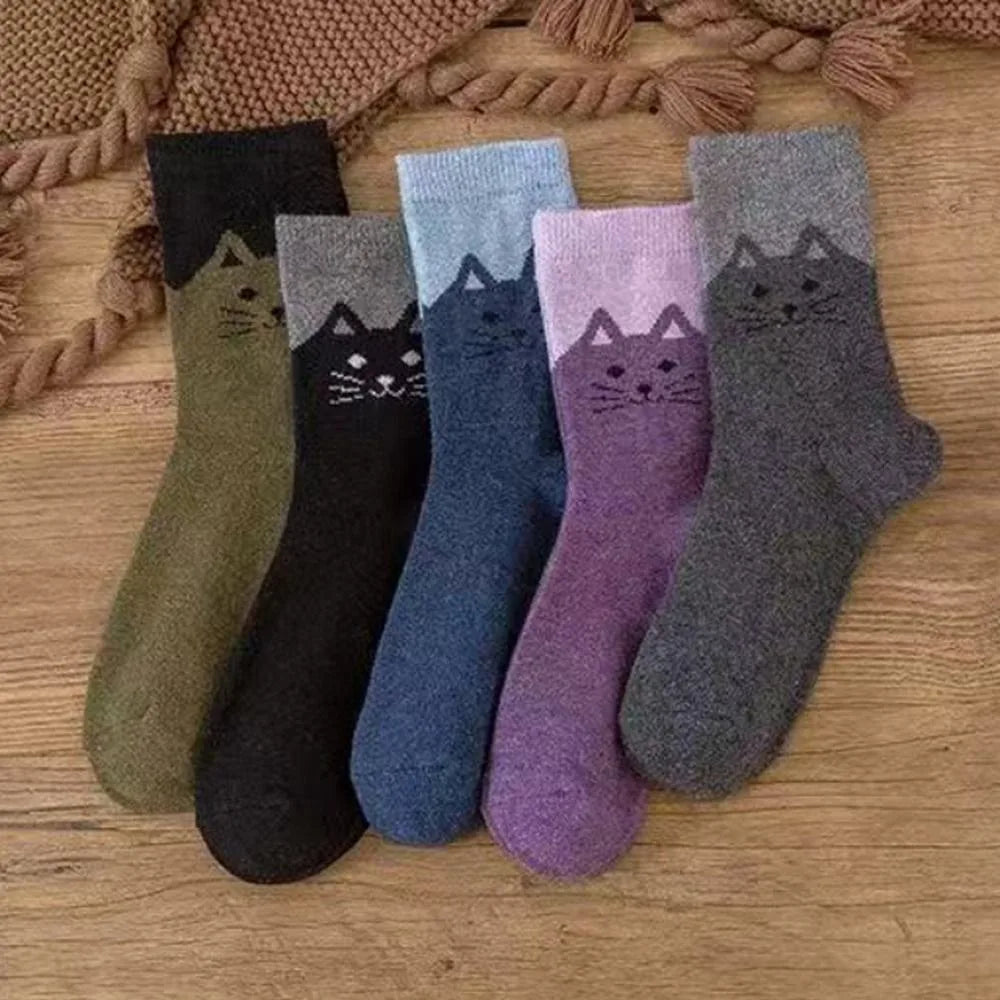 5 Pairs Women's Cotton Cartoon Cat Crew Socks | Mid-Calf Women's Crew Socks Nixie