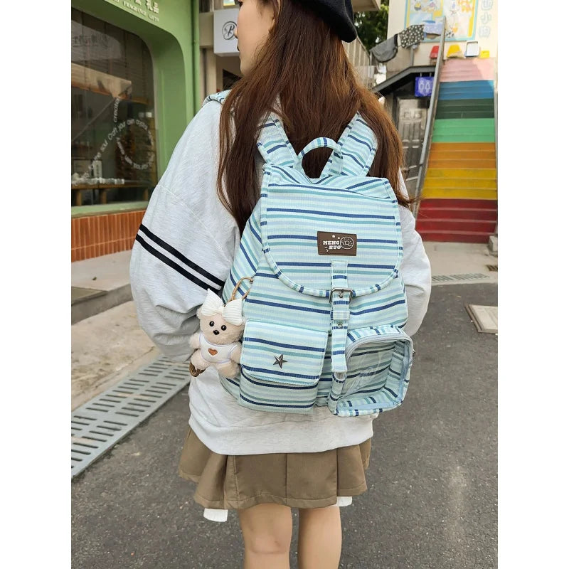 Striped Corduroy Drawstring Backpack – Casual Small Bag