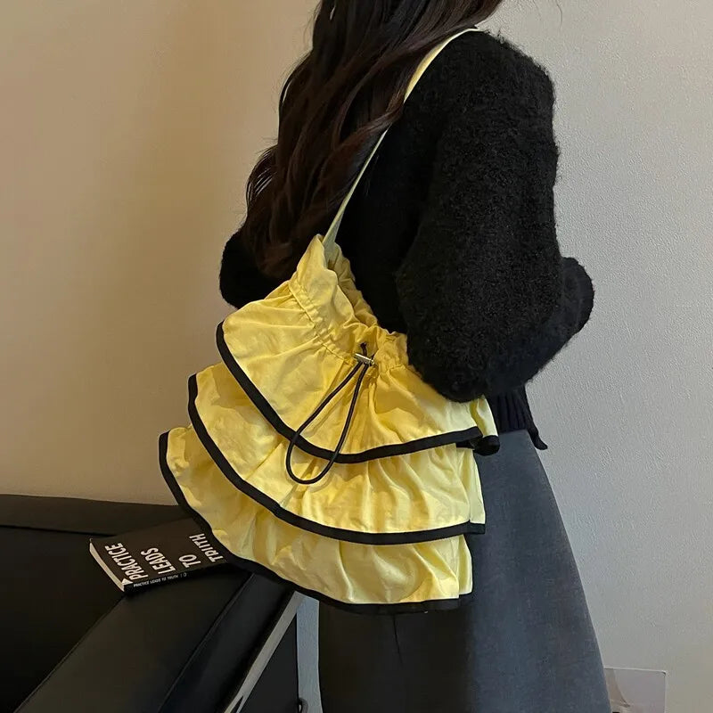 Korean Ruffled Drawstring Shoulder Bag – Large Capacity Women Shoulder Bag Nixie Yellow