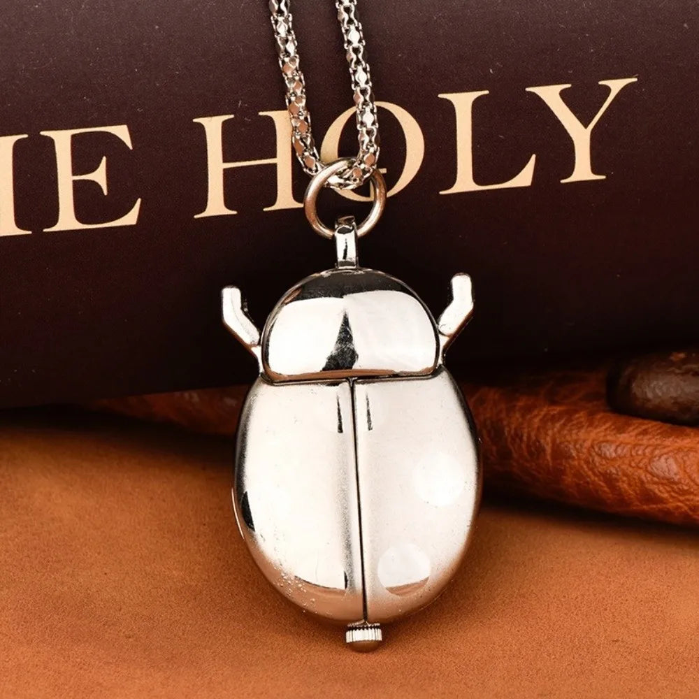 Cute Ladybug Pocket Watch with Chain – Quartz Beetle Design Pocket Watch Nixie Silver