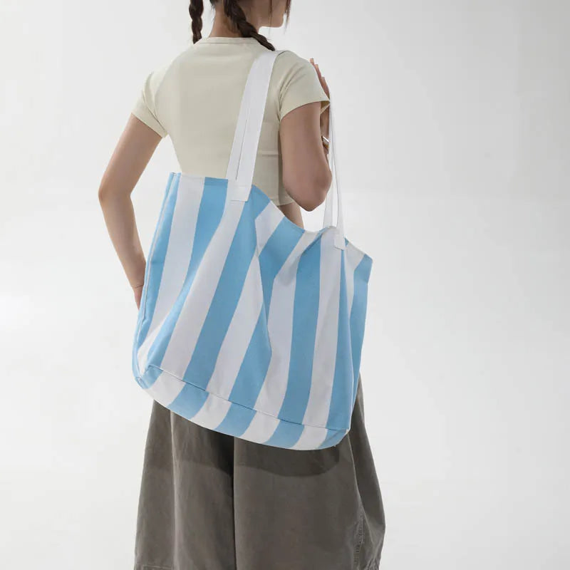Women's Striped Canvas Tote Bag – Large Shoulder Handbag Canvas Tote Bag Nixie BB-1495Blue
