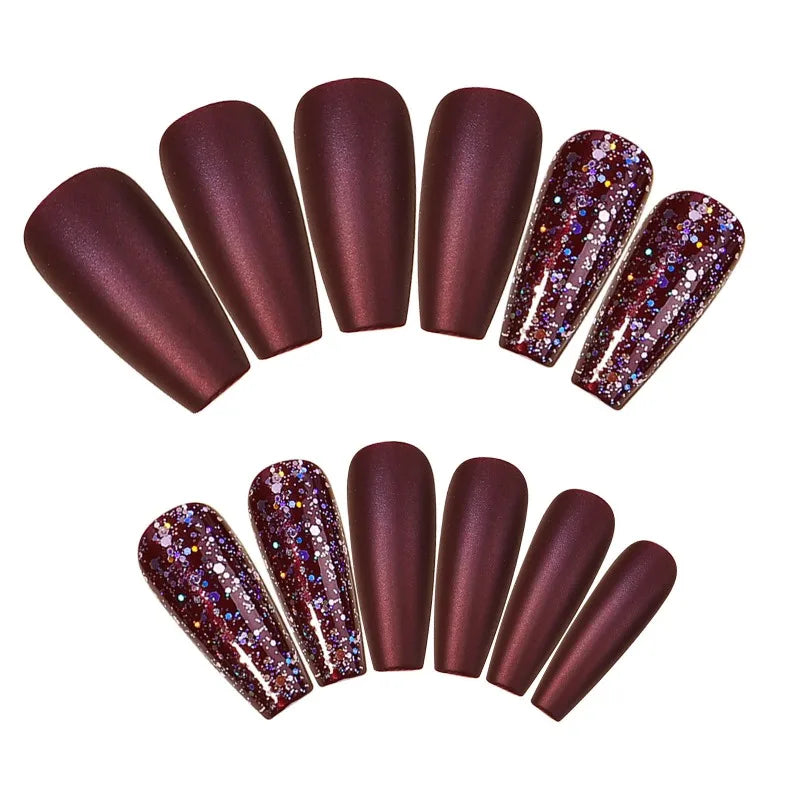 Wine Red Glitter Press-On Nails Crystal Finish L Size – 24 Pcs Press-On Nail Tips Nixie