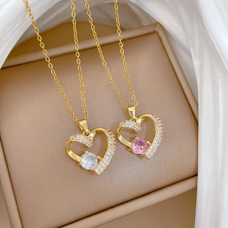 Diamond-Paved Heart Pendant Necklace | Gold & Steel Women Pendant Necklace Nixie