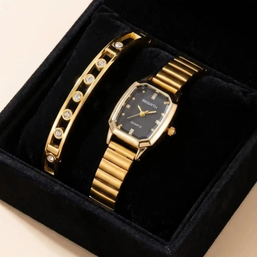 Women's Gold Watch & Bracelet Set – Quartz Roman Numeral Dial Watch & Bracelet Set Nixie