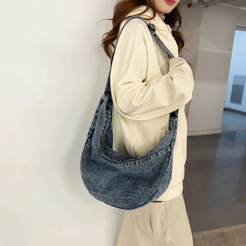 Washed Denim Crossbody Bag – Large Capacity Shoulder Bag Denim Crossbody Bag Nixie