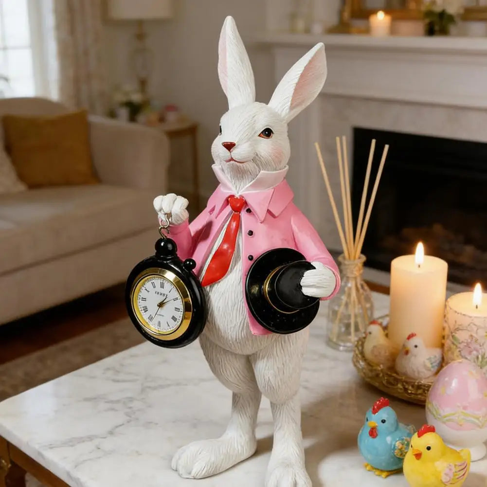 Gentleman Bunny Figurine Pocket Watch Clock – Easter Decor Decorative Figurine Clock Nixie