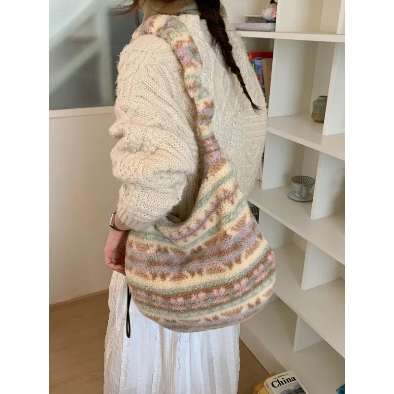 Korean Fair Isle Lamb Wool Tote Bag – Large Capacity | Nixie Shoulder Tote Bag Nixie
