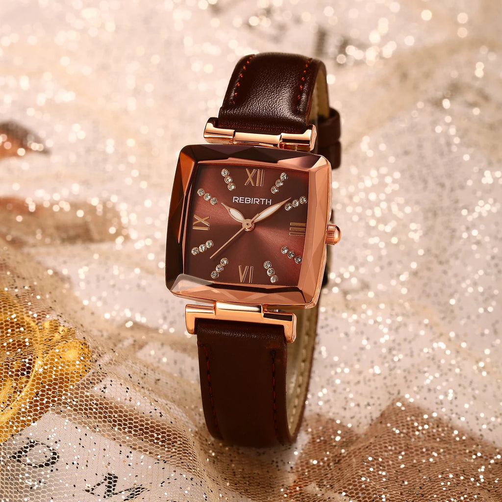 REBIRTH Square Women's Rhinestone Quartz Watch | Leather Band Women's Fashion Watch Nixie