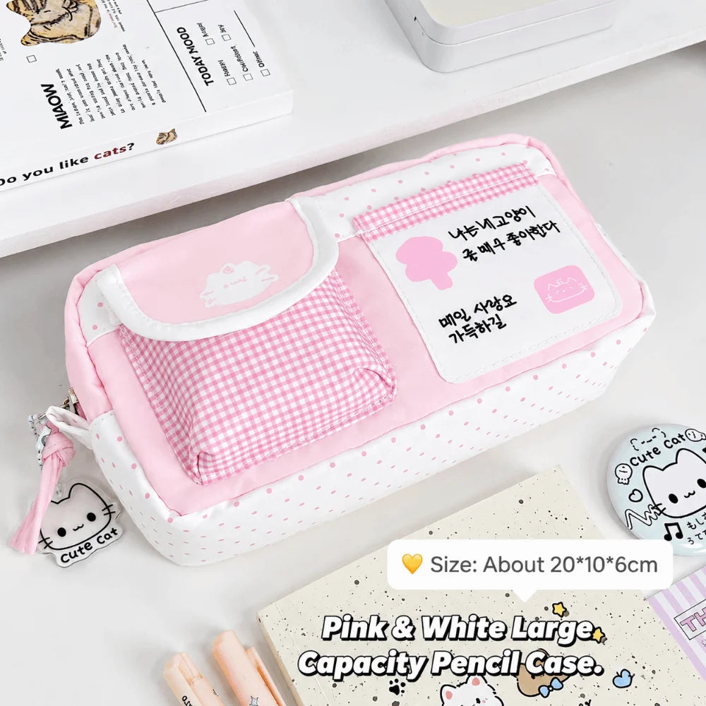 Pink Cat Print Pencil Case – Large Capacity Kawaii Pouch