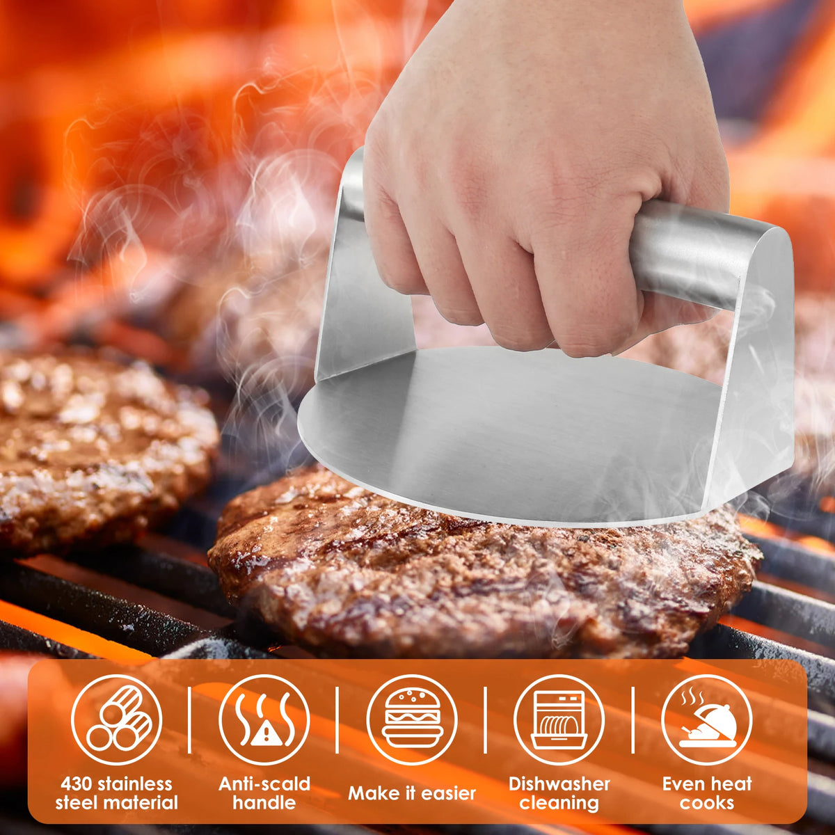 Smash Burger Press Kit – Stainless Steel Press, Spatula & Cover Burger Press Kit Nixie