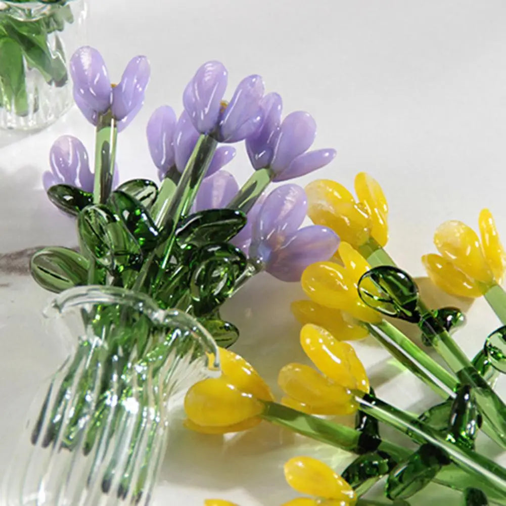 Hand-Blown Glass Flower Bouquet Set with Vase – 7pc Mini Decor Glass Floral Ornament Nixie
