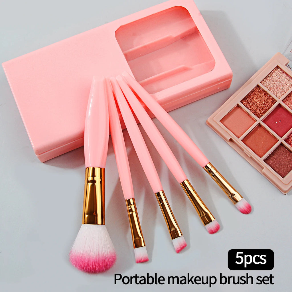 5-Piece Mini Travel Makeup Brush Set with Mirror Storage Box Makeup Brush Set Nixie Pink