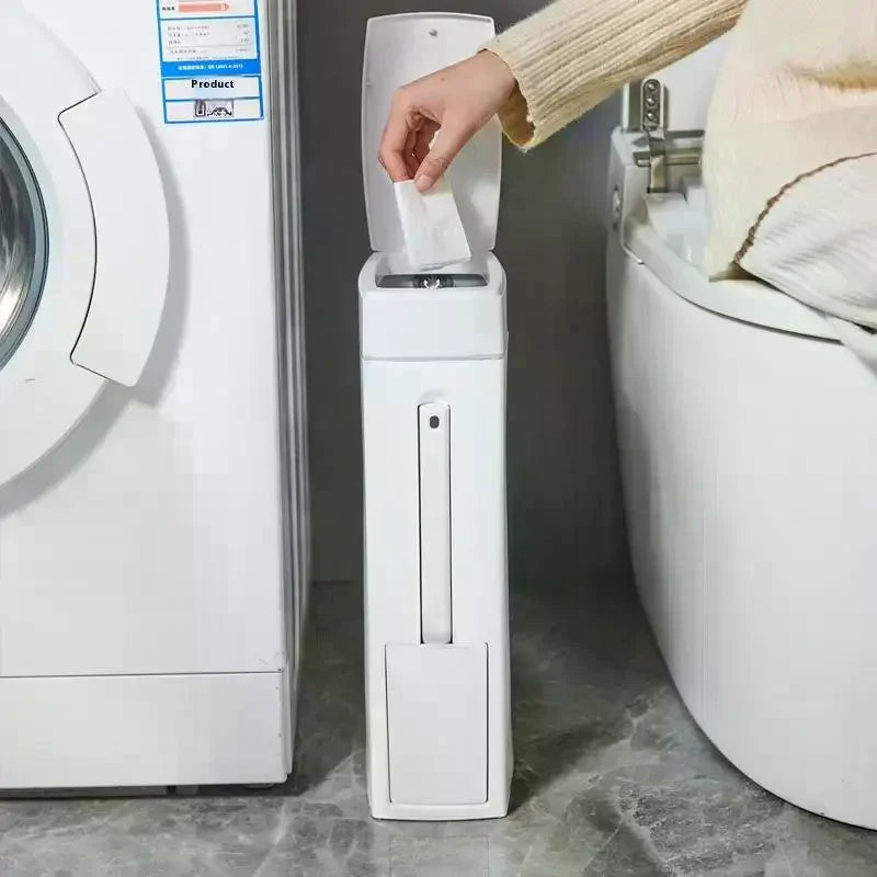 2-in-1 Press Trash Can & Toilet Brush Holder | Space Saving Bathroom Trash Can Nixie