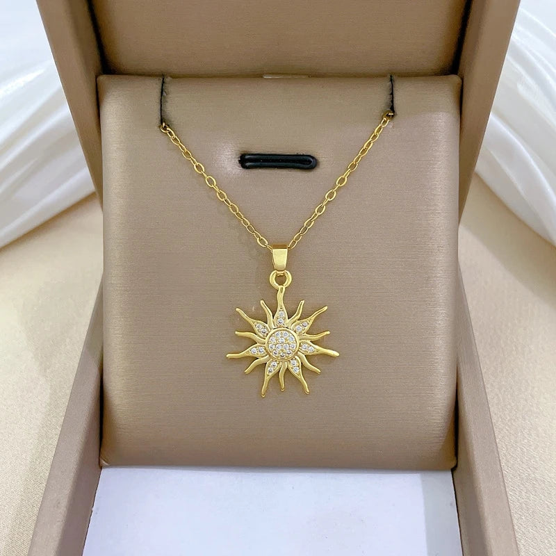 Sunflower Zircon Pendant Necklace – Gold Stainless Steel Choker Pendant Necklace Nixie
