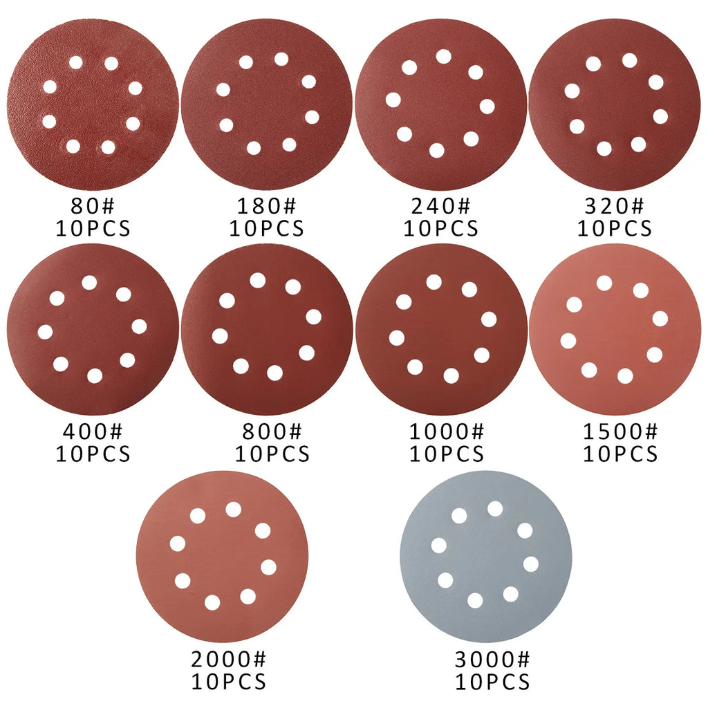 100Pcs 5" Hook & Loop Sanding Discs 80–3000 Grit | 8-Hole Abrasive Sanding Discs Nixie 100pcs