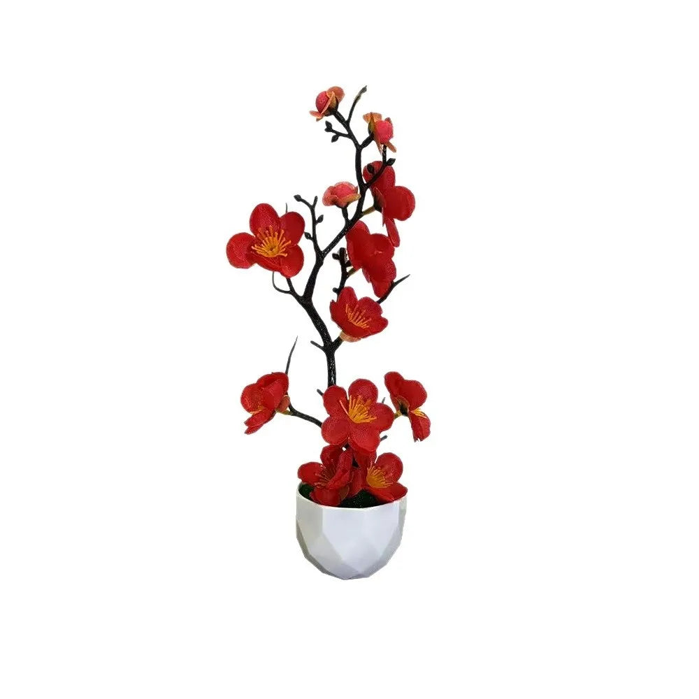 Red Artificial Plum Blossom Bonsai – Plastic Flower White Pot Artificial Potted Plant Nixie