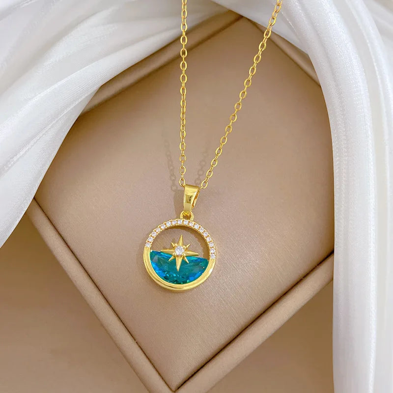 Women's Gold Starburst Pendant Clavicle Necklace – Stainless Steel
