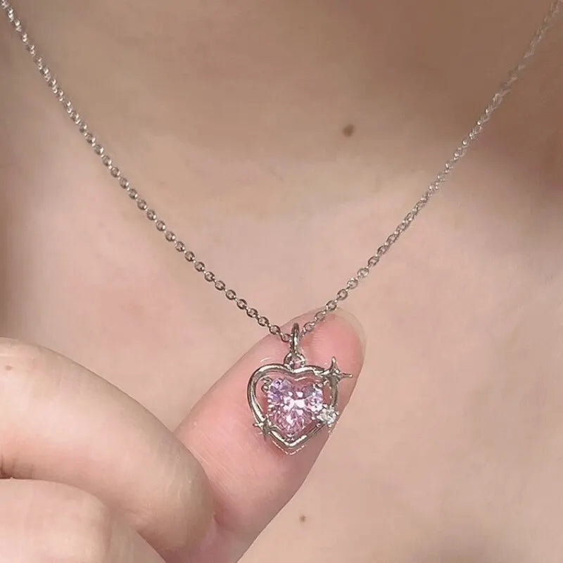 Silver-Plated Pink Heart Pendant Necklace for Women Heart Pendant Necklace Nixie