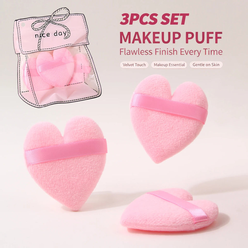 Heart Shaped Plush Makeup Puff with Strap – Set of 3 | Nixie Makeup Powder Puff Nixie Pink