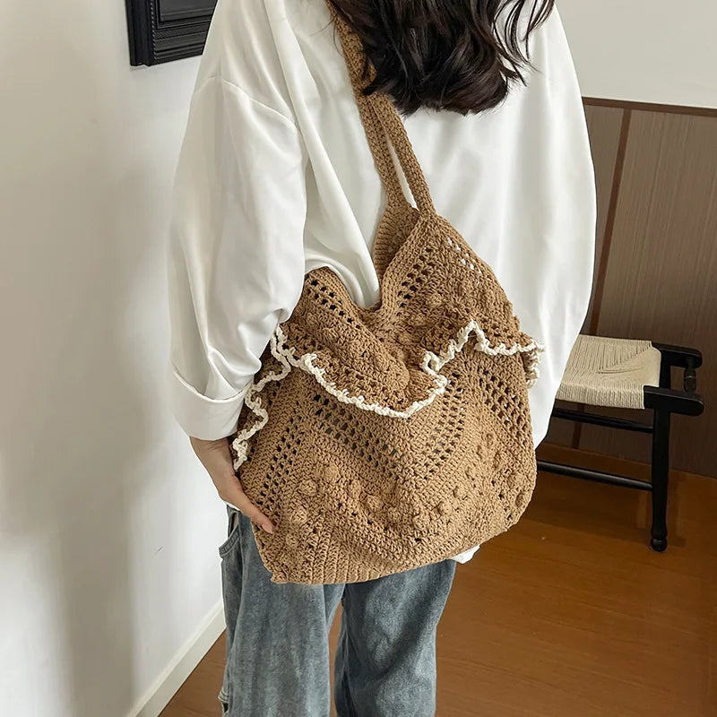 Handmade Woven Hollow Tote Bag | Women's Beach Shoulder Bag Woven Shoulder Tote Nixie