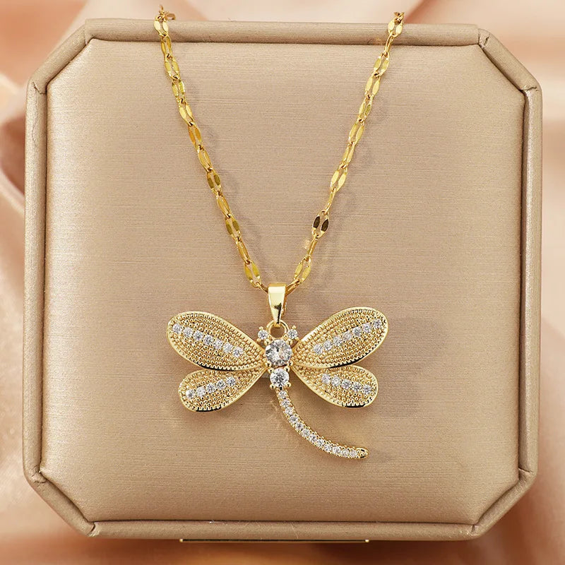 Zircon Dragonfly Pendant Necklace Gold Plated for Women Pendant Necklace Nixie XL1470-17 40cm
