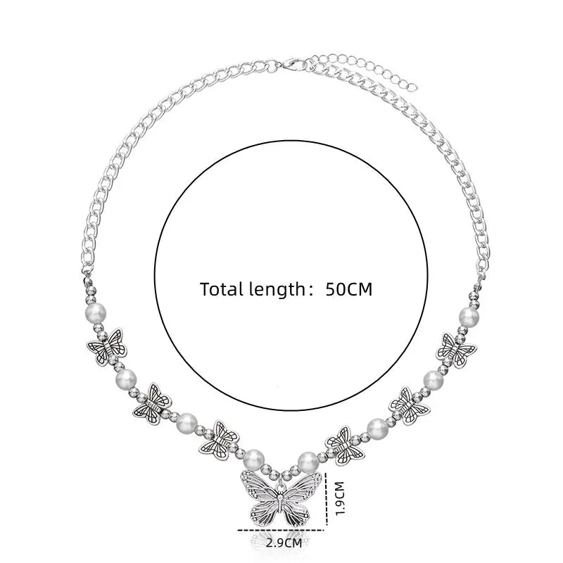 2PC Antique Silver Butterfly Faux Pearl Choker Necklace Set Choker Necklace Set Nixie