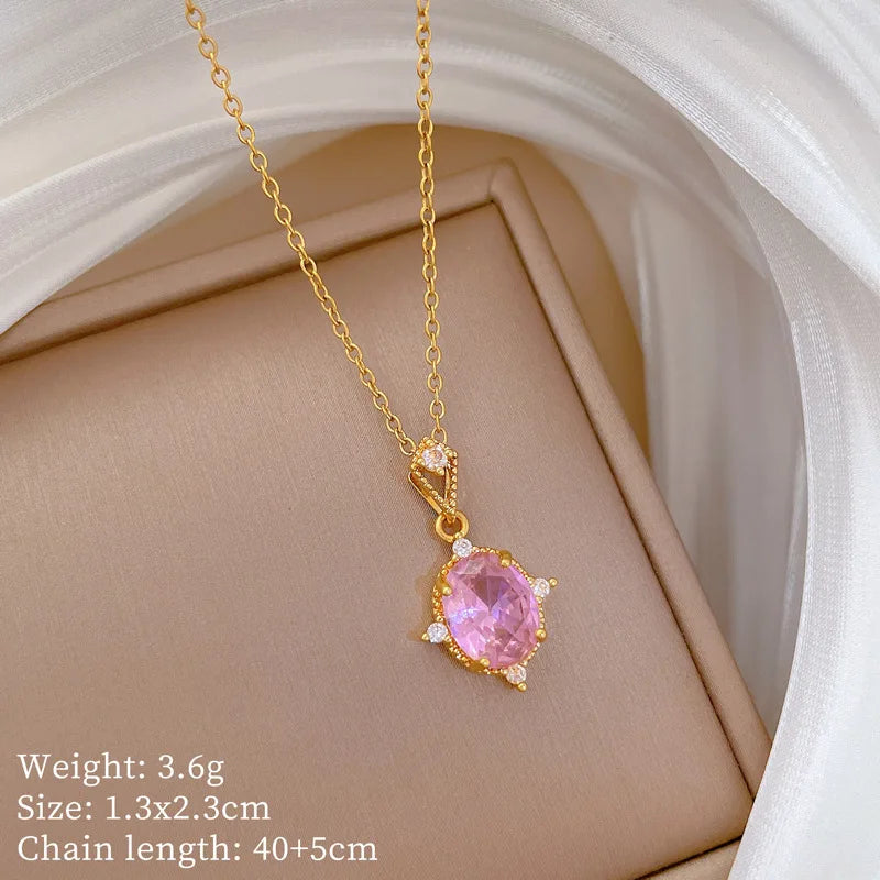 Women's Pink Zircon Pendant Gold Stainless Steel Necklace Pendant Necklace Nixie XL2606-818